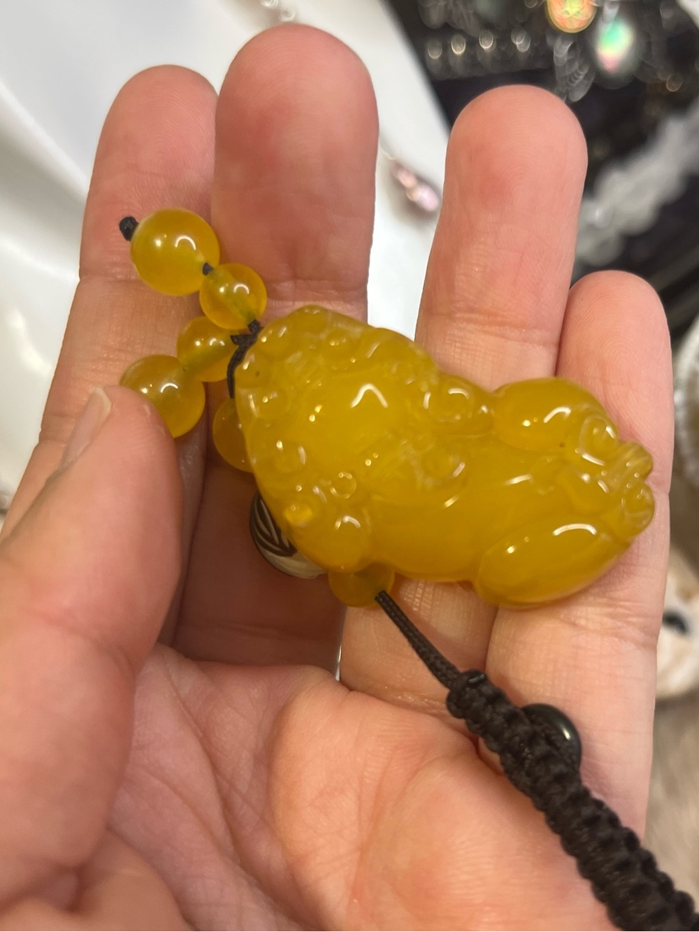 Yellow Carved Stone Pixiu Pendant Necklace
